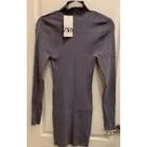 Zara Ribbed Knit Mini Dress Bodycon Mock‎ Neck Long Sleeve Gray/Purple Size L